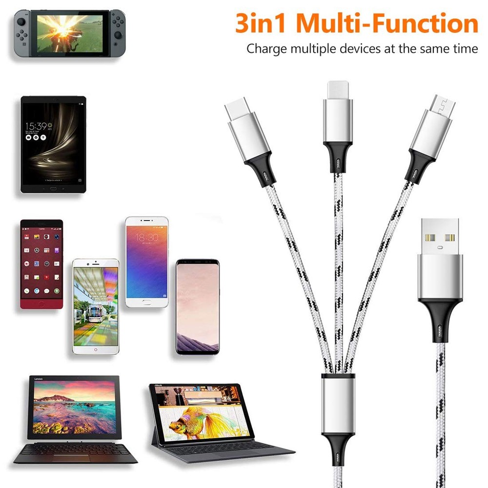 Multi Charging Cable, 5ft 3Pack Charger Cable Nylon Braided 5ft, Silver