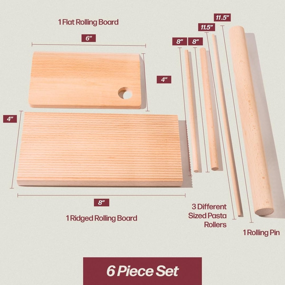 Wooden Pasta Board Set – 6-Piece Making Tools – Includes medium, Wood
