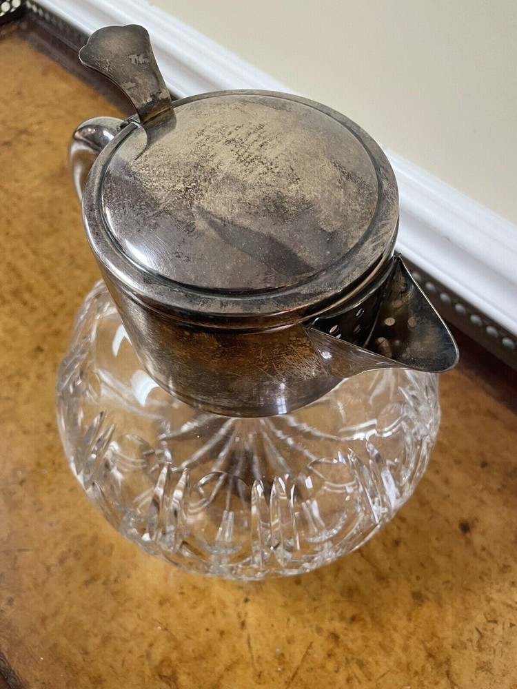 Antique Cut Glass Silver Plate Pitcher 9” Tall