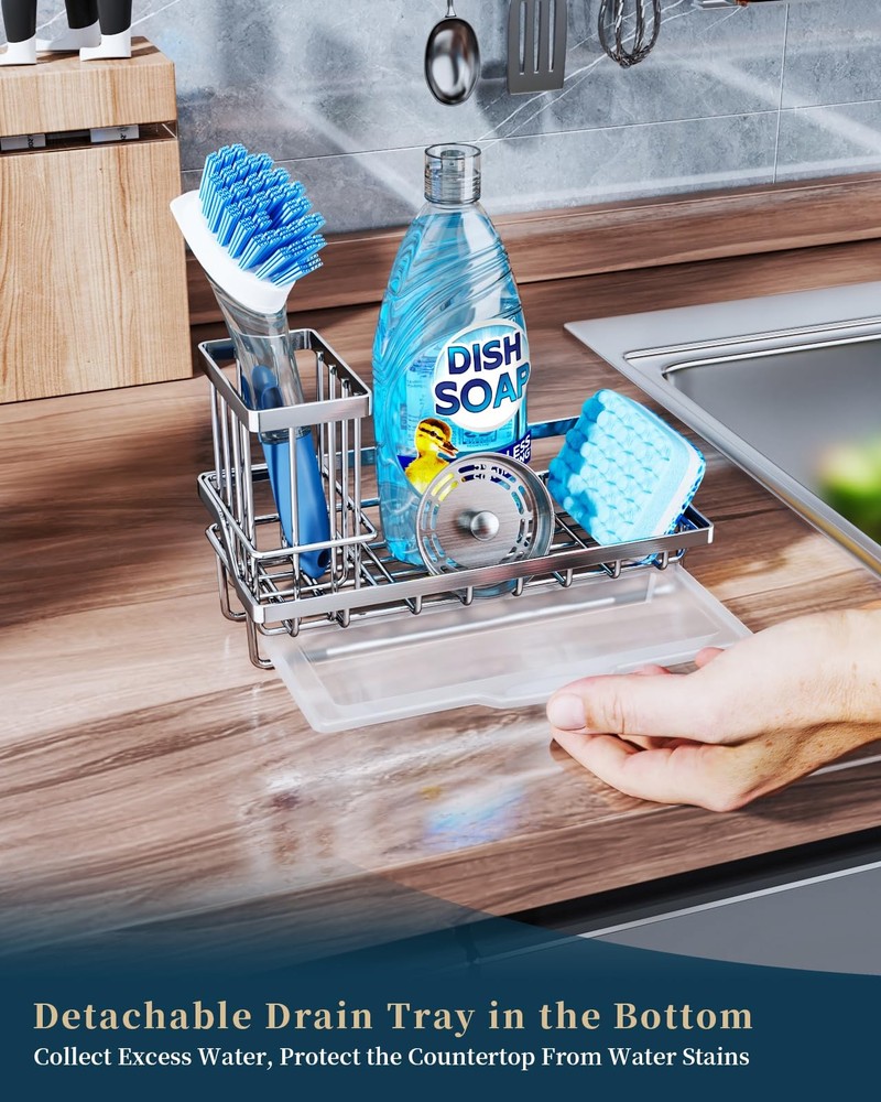 Consumest Sink Caddy, Kitchen Sponge Holder with Dish Brush Medium, A-silver