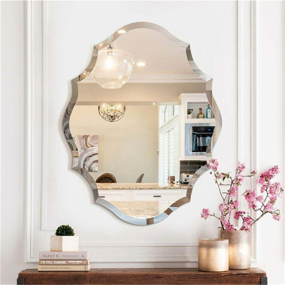Scalloped Edged Oval Wall Mirror Frameless Wide Beveled Statement Accent Decor