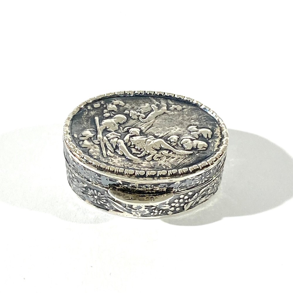 Antique Solid Silver Italian  Pillbox , Hallmarked with romantic scene