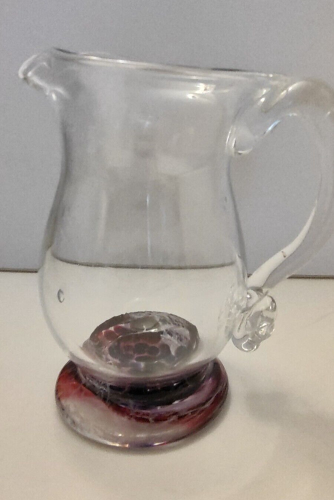 Hand Blown Clear Pitcher with Purple Swirl Base Unknown Maker 7"