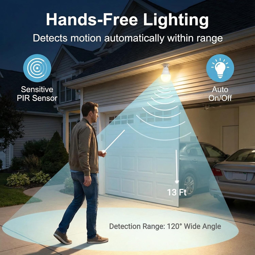 12W Motion Sensor Light Bulbs (100W Equivalent), 5000K Daylight, Motion Activate