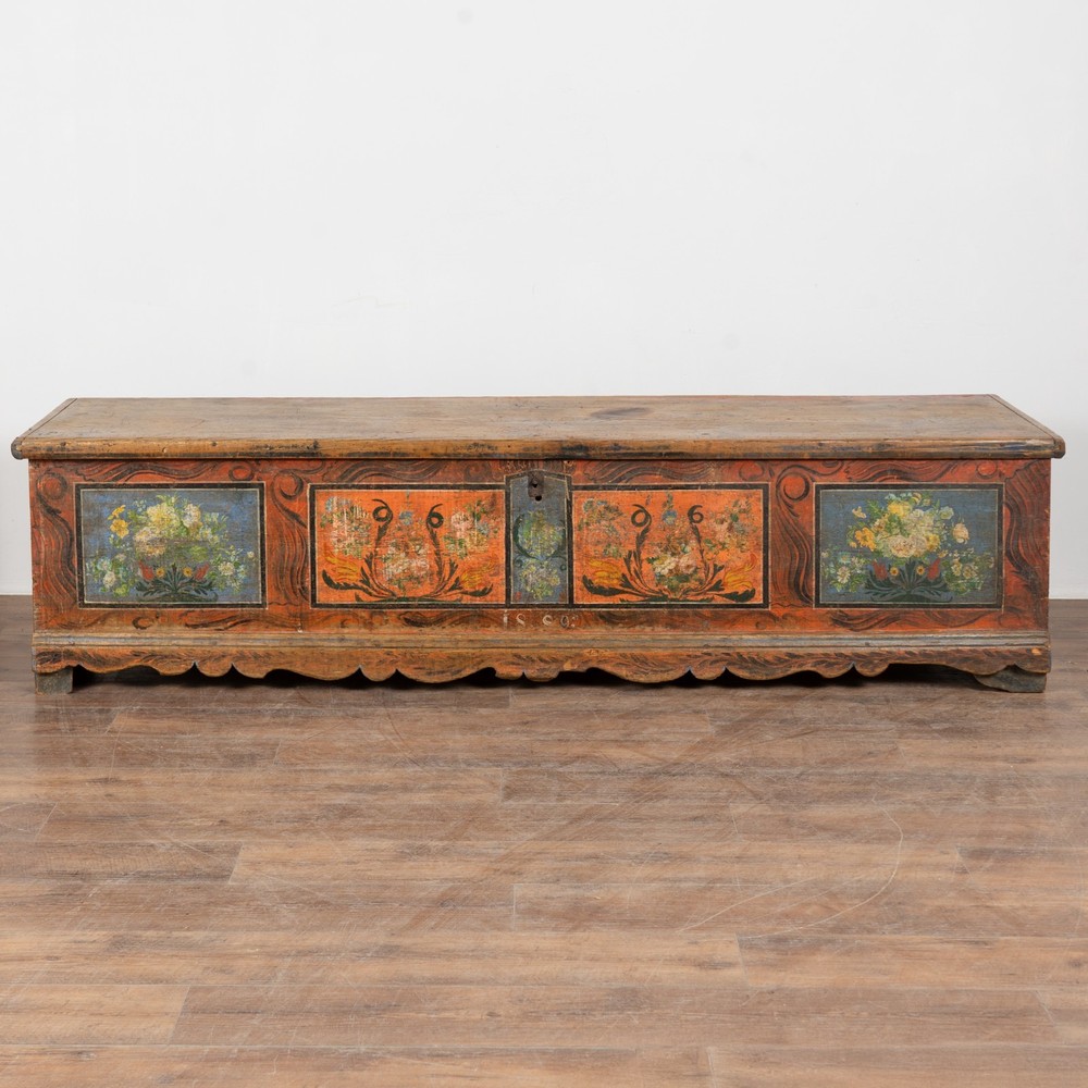 Long Narrow Hand Painted Pine Trunk Bench, Dated 1889