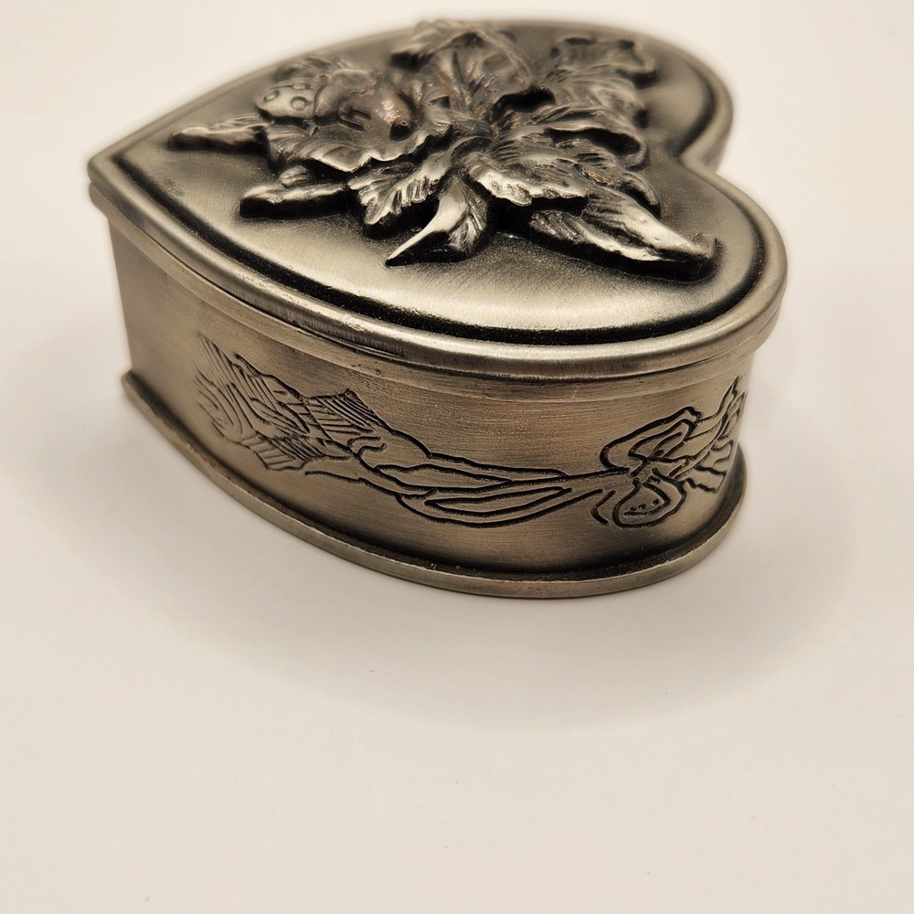 Silver Trinket Box Flower Embossed Engraved Lady Bug Lined