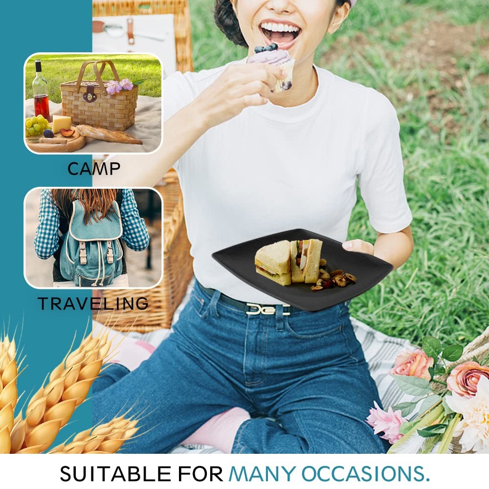 16-piece Plastic Wheat Straw Square Dinnerware Set for 4, Unbreakable Dinner ...