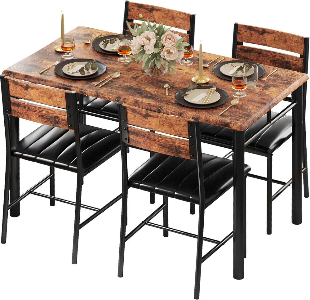 Dining Table Set for 4, Wood Kitchen Table with Upholstered Chairs for Kitchen R