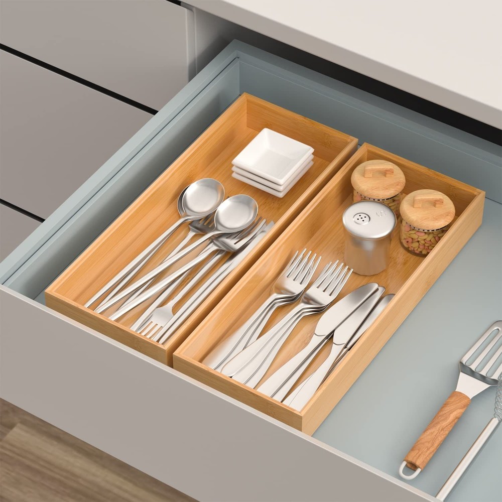 Bamboo Drawer Organizer, Stackable Utensil Organizer for Kitchen, Bamboo Stor...