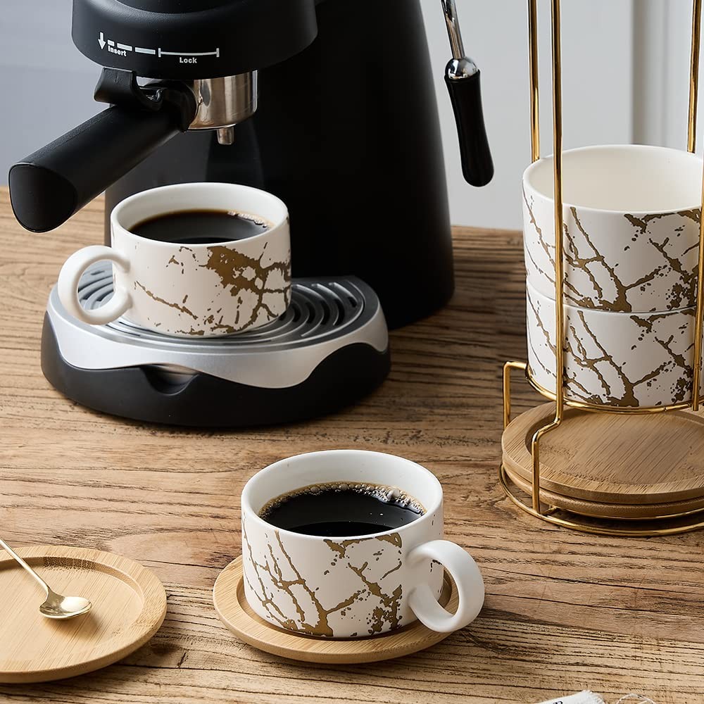 Porcelain Espresso Cup with Metal Stand 6 Ounce Stackable Ceramic Demitasse E...