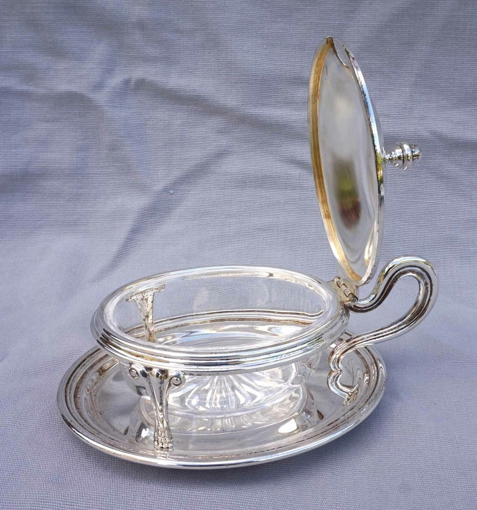French Jam Condiment Lidded Serving Dish Silverplate Cut Crystal
