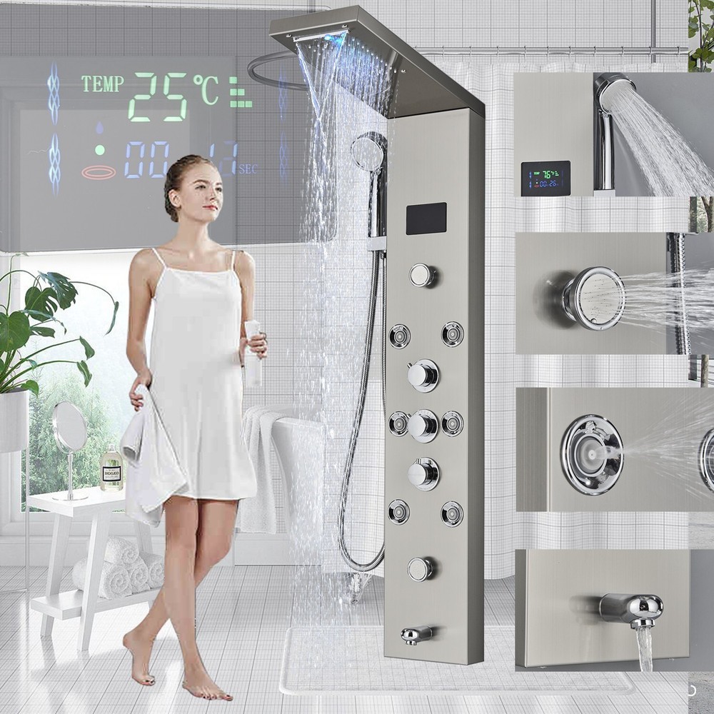 Rain&Waterfall Shower Panel Tower System Stainless Steel 6-Function LED Massage