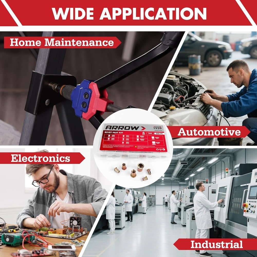 Arrow 200PC Rivet Nut Kit SAE Rivnut Assortment FlatHead Threaded Insert Nutsert