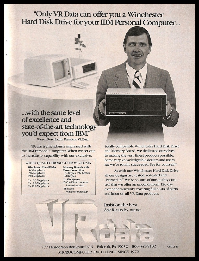 1982 VR Data IBM Winchester Hard Disk Drive PRINT AD Retro Computers PC