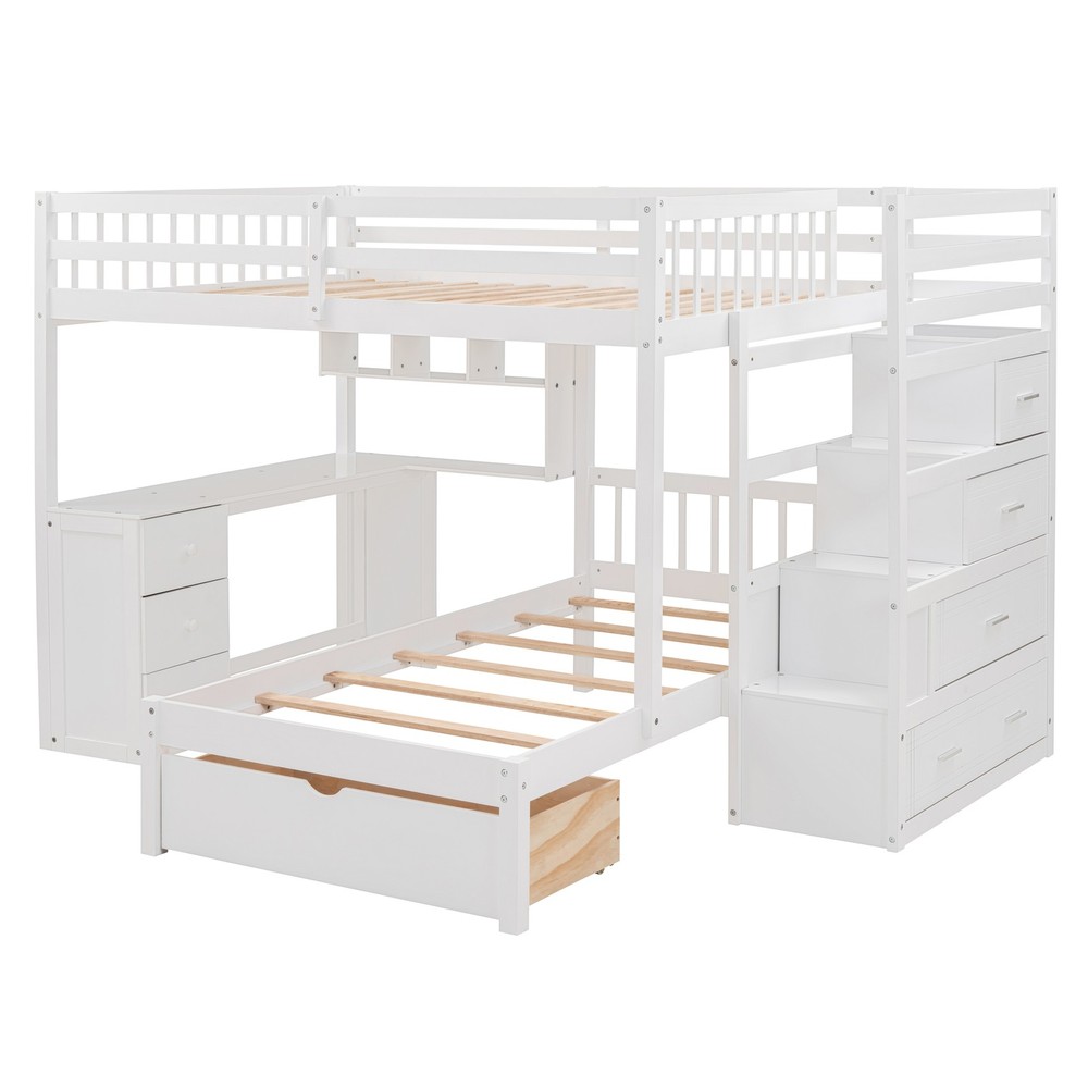 Twin Bunk Bed with Desk, Drawers & Bookcase, White Solid Wood Storage