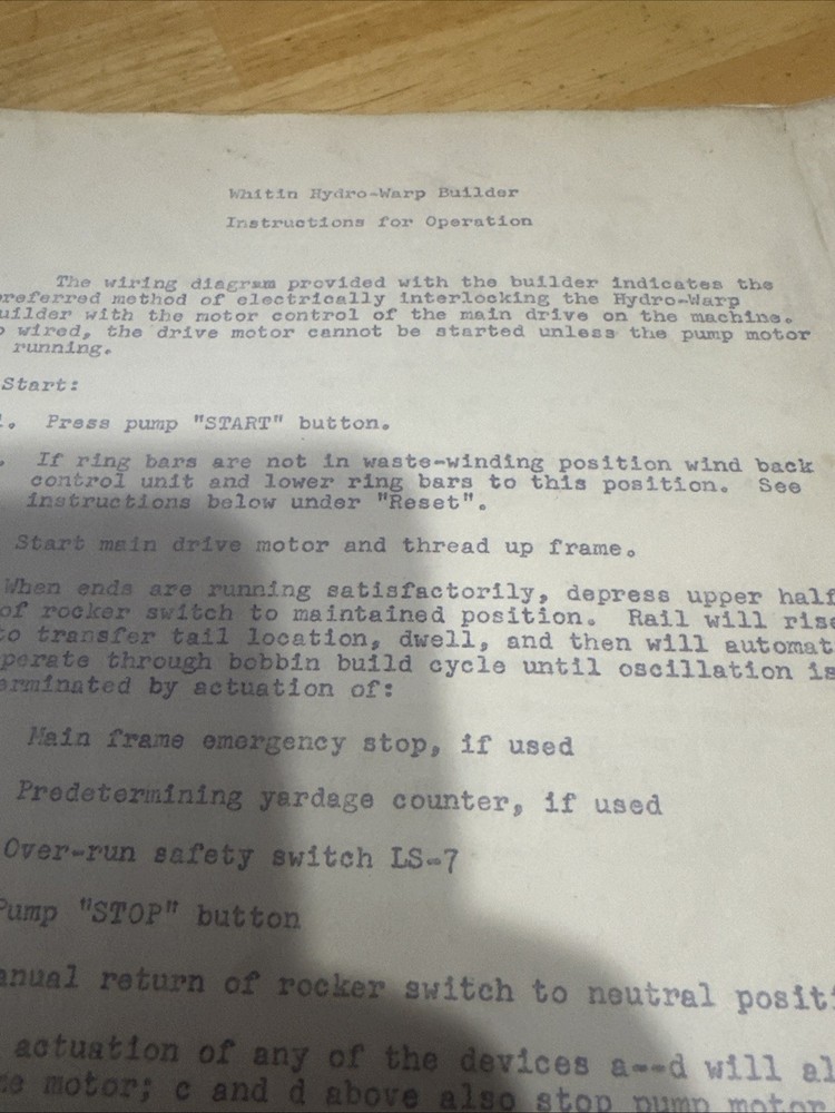 Whitin Hydro-warp Builder Instruction for Operation Manual Only