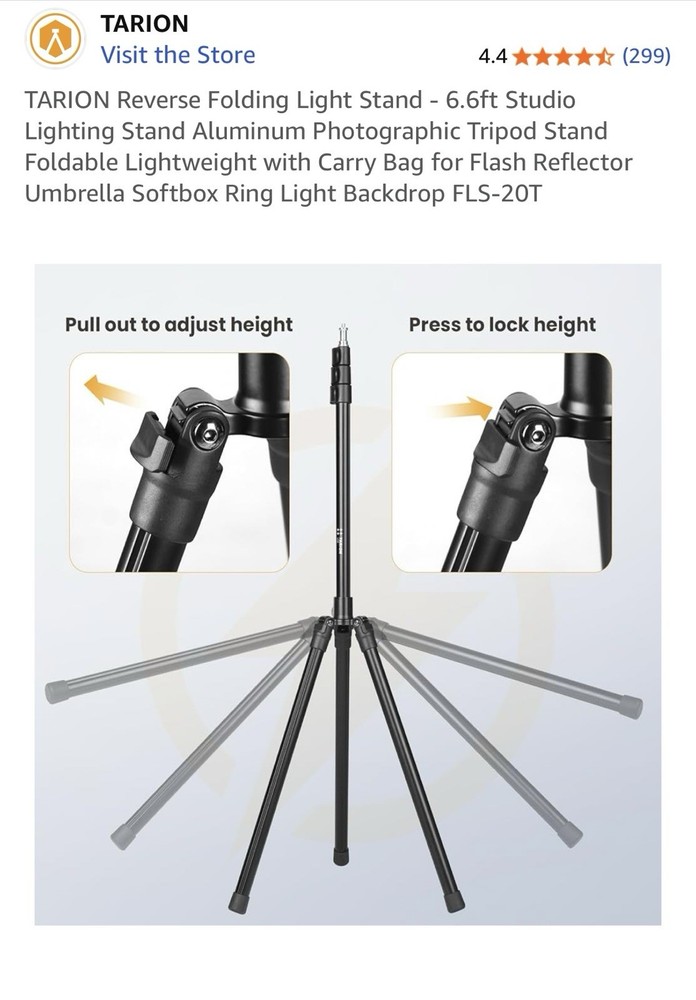 Tarion Reverse Folding Light Stand. 6.6 Ft Studio Light Stand