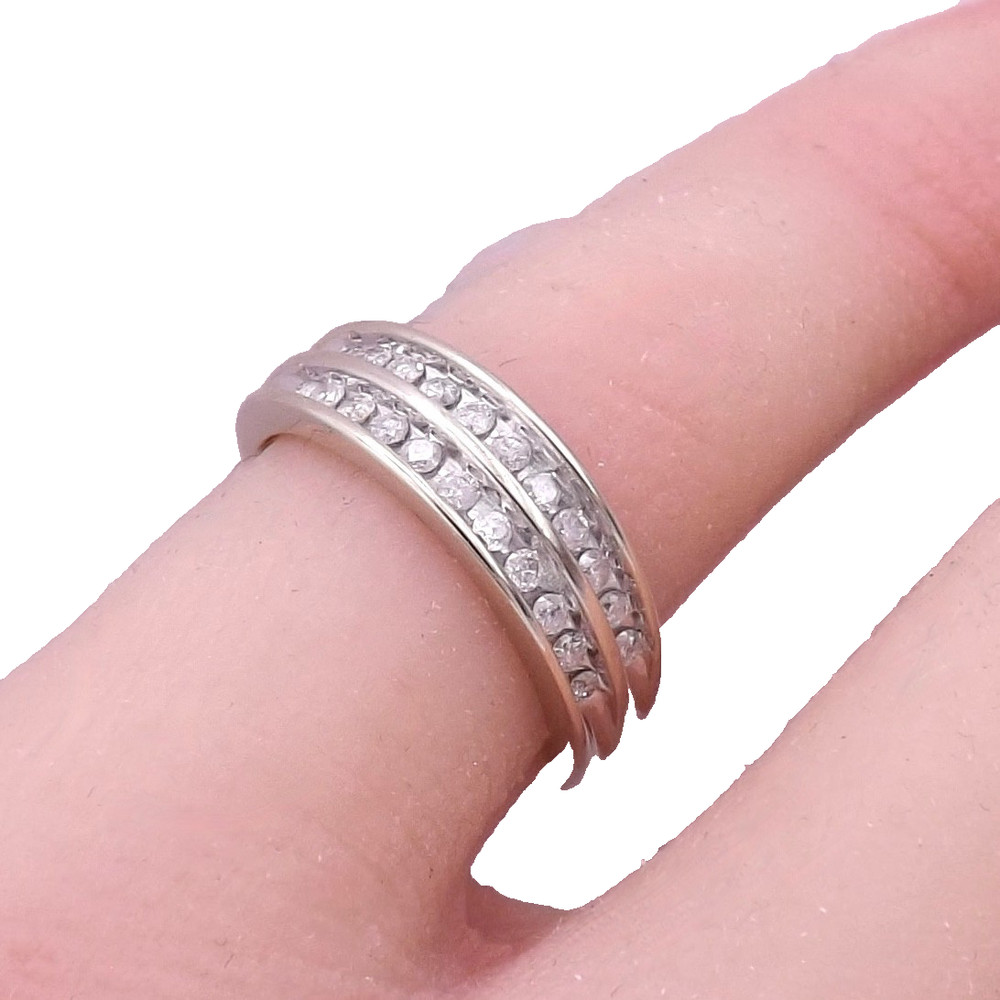 Solid 14k White Gold Double Row Natural Diamond Wedding Ring Channel Setting