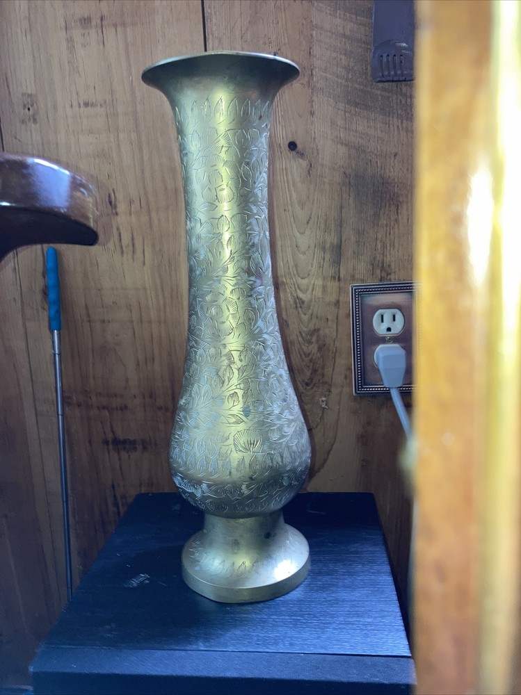 vintage large heavy solid Engraved ￼brass vase 14”