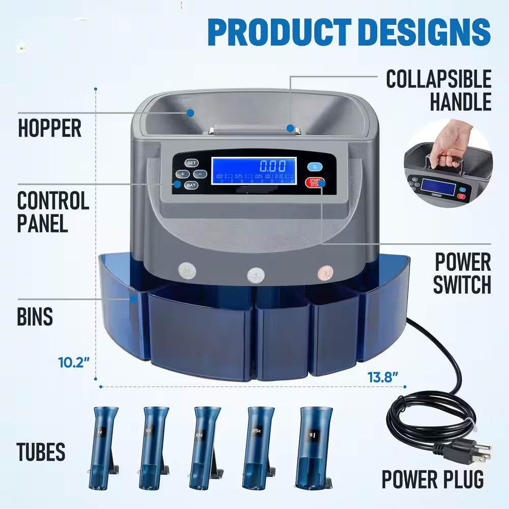 High Efficiency Coin Counter Sorter Wrapper Machine LCD Display 500 Coin Capacit