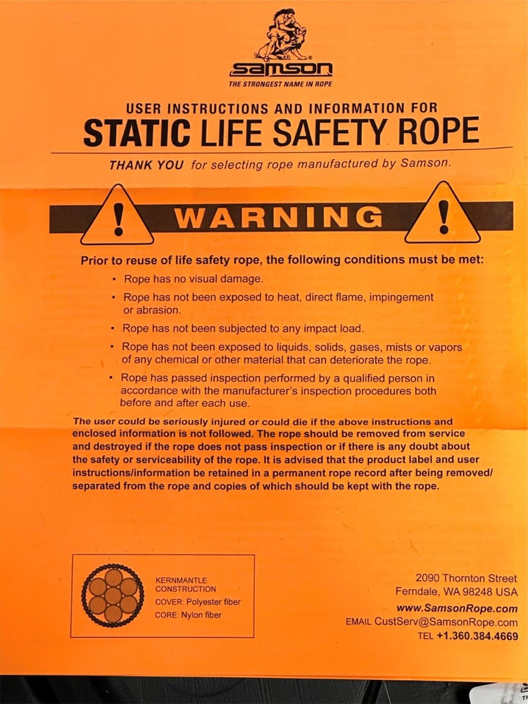 100' Samson Static Rope 5/8" (16mm) Rigging Rappel Stable Braid Black 11,000LB