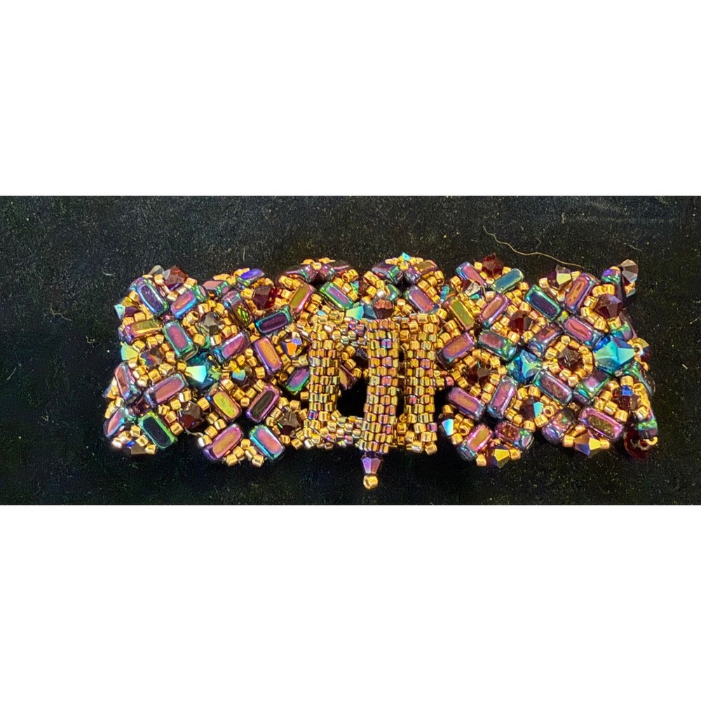 Handmade Womens 7" Beaded Cuff Bracelet Iridescent Gold Purple Statement Boho
