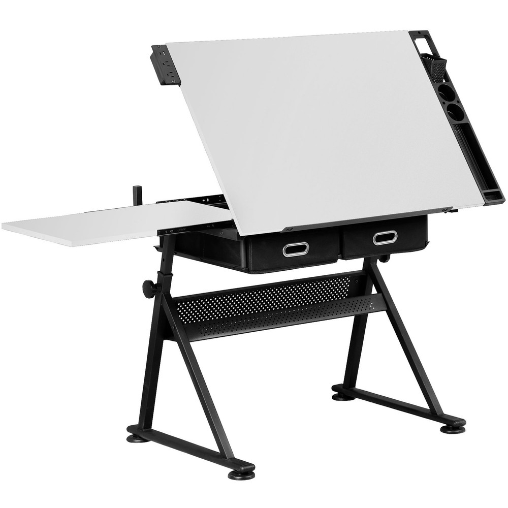 Adjustable Drafting Drawing Table Tiltable Tabletop w/ Stool & Outlet White