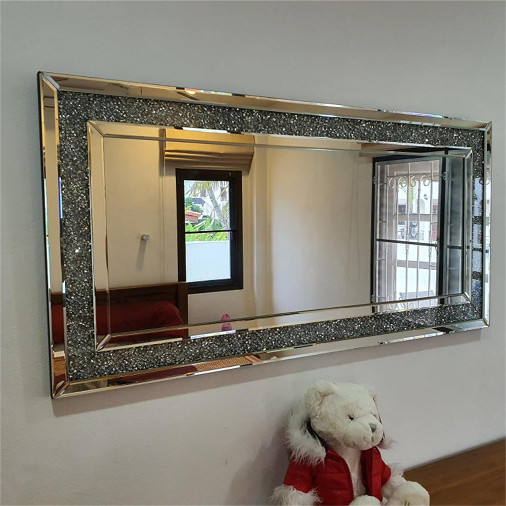Large Crystal Crush Diamond Rectangle Silver Mirror Wall Hang Frameless Mirror