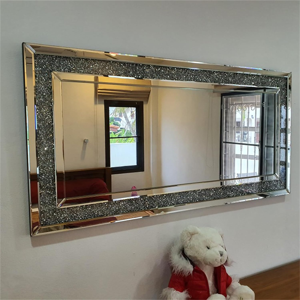 Large Crystal Crush Diamond Rectangle Silver Mirror Wall Hang Frameless Mirror