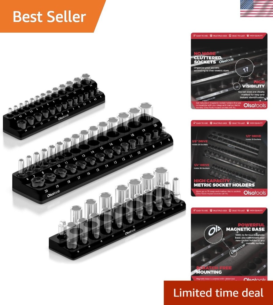 Efficient Magnetic Socket Organizer - 3-Piece Set for Deep & Shallow Sockets