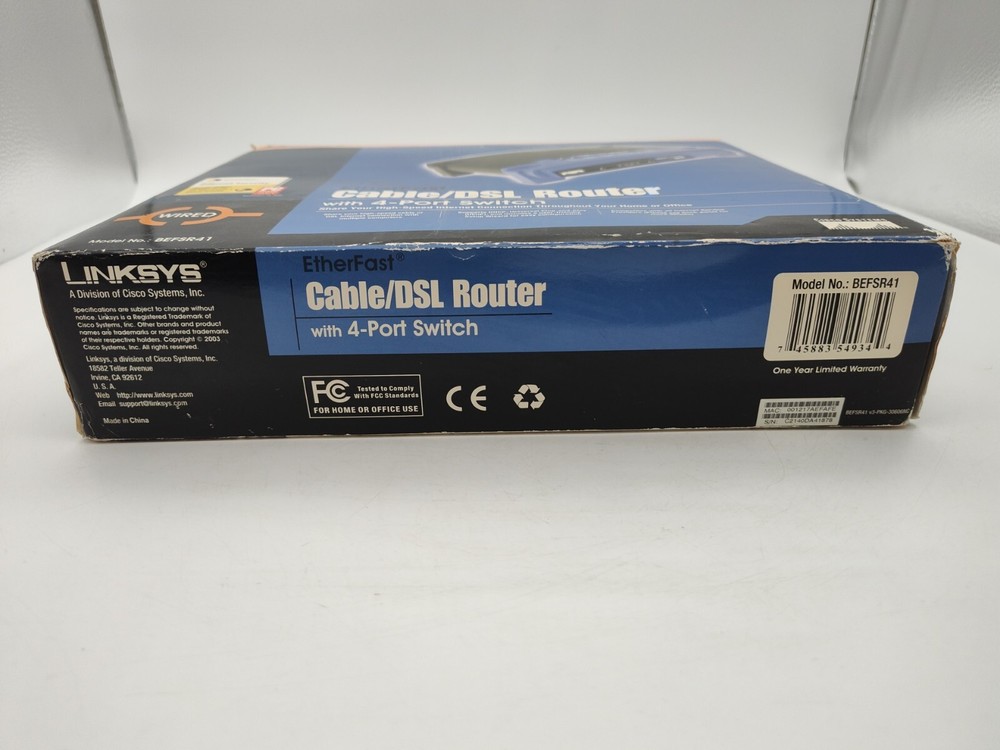 Linksys Etherfast Cable/DSLRouter-Model BEFSR41-With 4-Port Switch