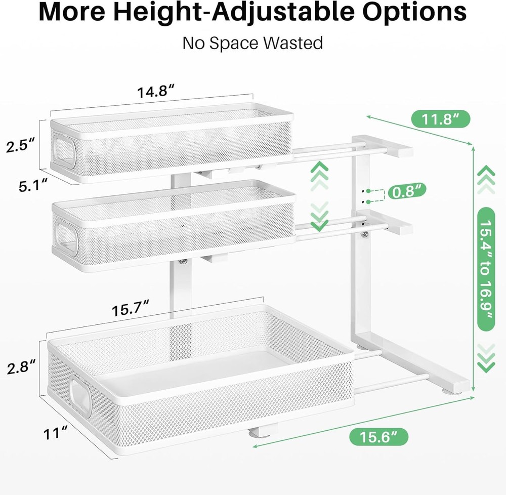 Under Sink Organizer 2-Pack 3-Tier Height Adjustable Thickened Metal Pull out