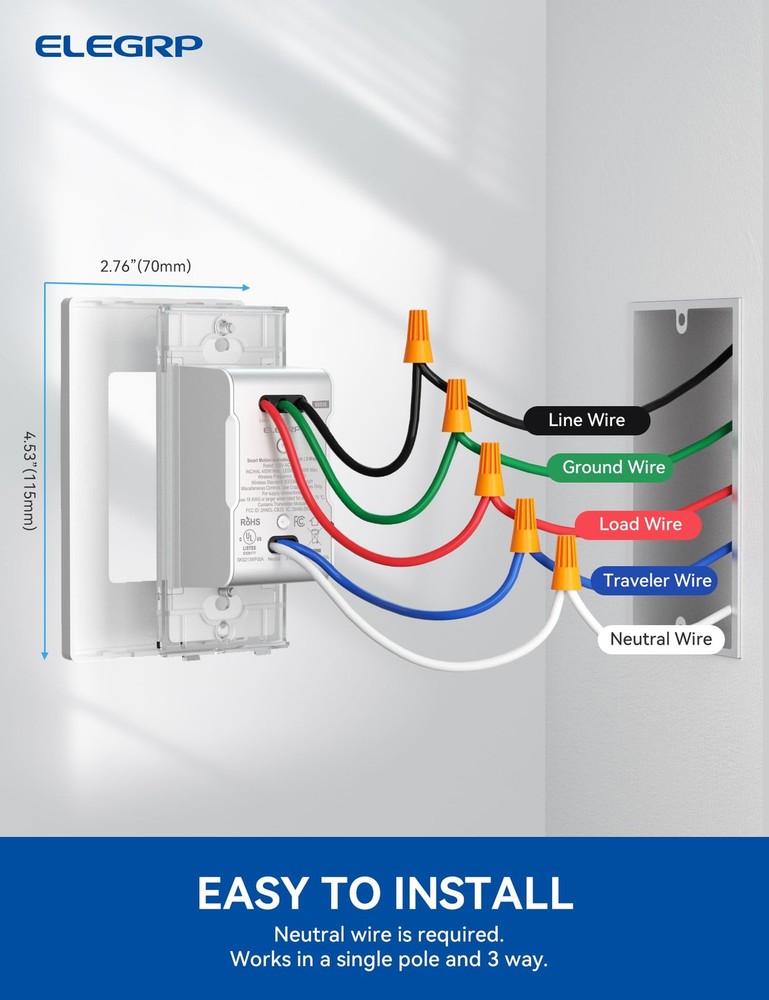 Smart Motion Sensor Switch, 2.4GHz Wi-Fi 3 Way Light Switch Compatible with A...