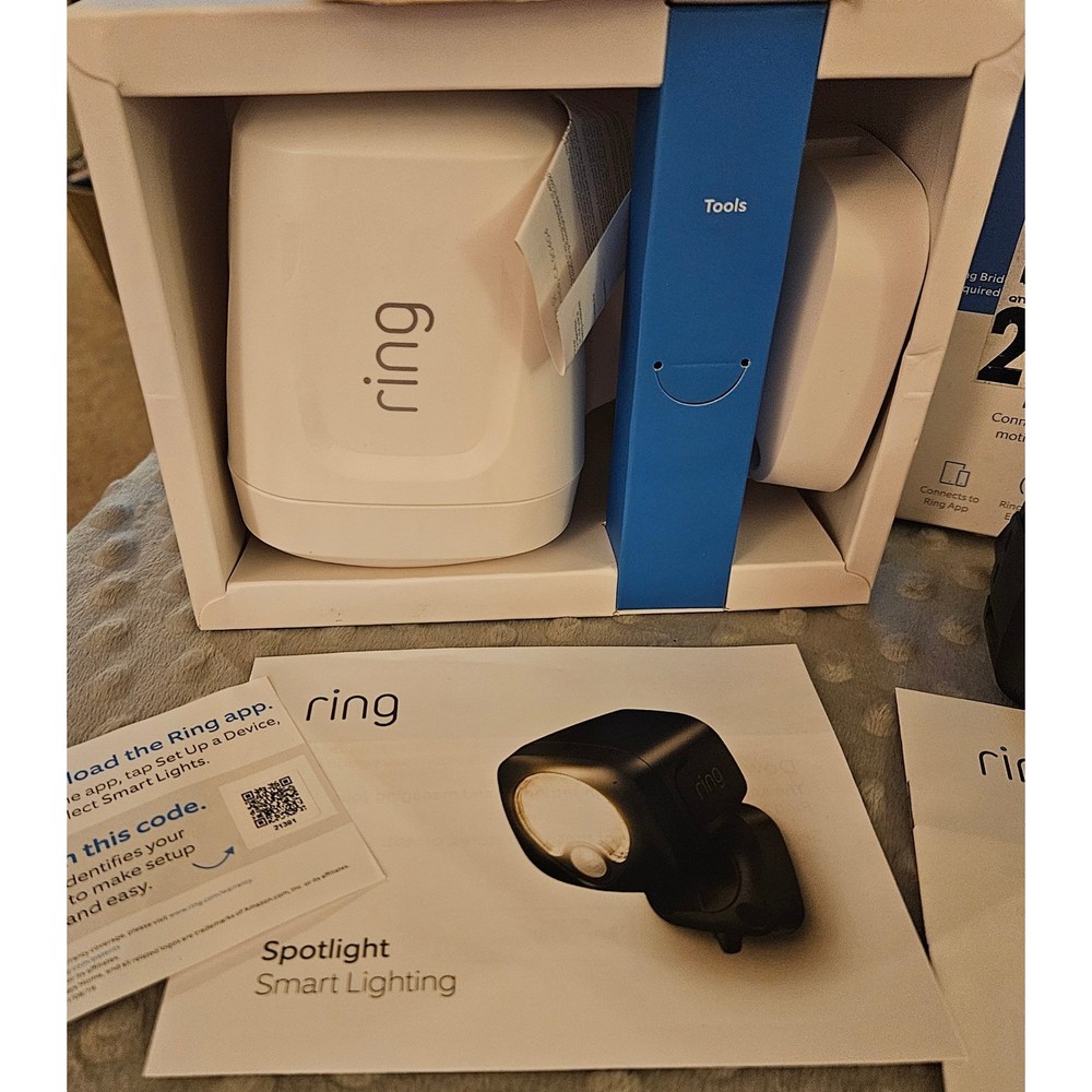 Ring Smart Lighting Spotlight White and Motion Sensor Black Bundle New Open Box