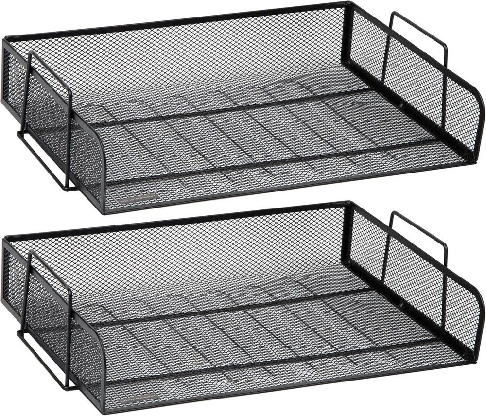 Stackable Paper Tray, Desktop Organizer, File Storage, Metal Mesh, 2 Pcs., Black