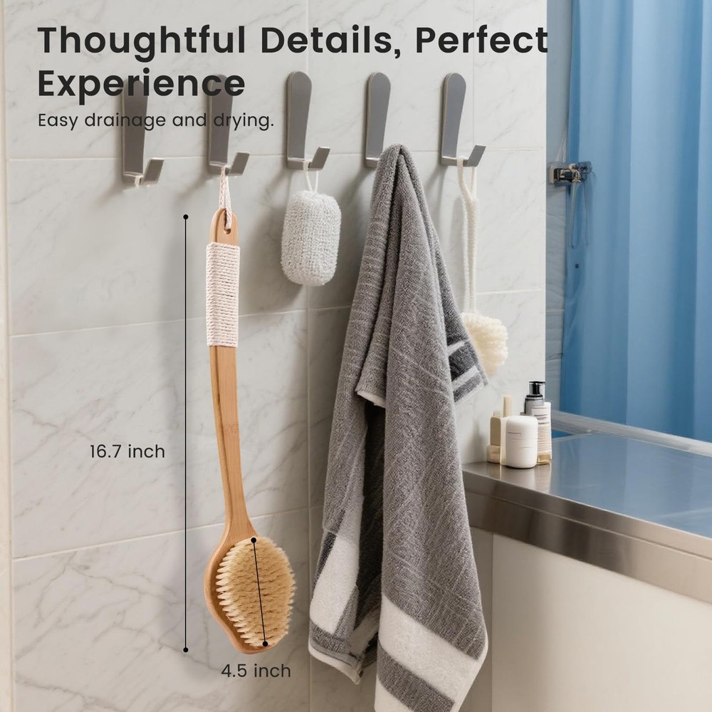 Bamboo Back Scrubber for Shower with Curved Long Handle - Stiff