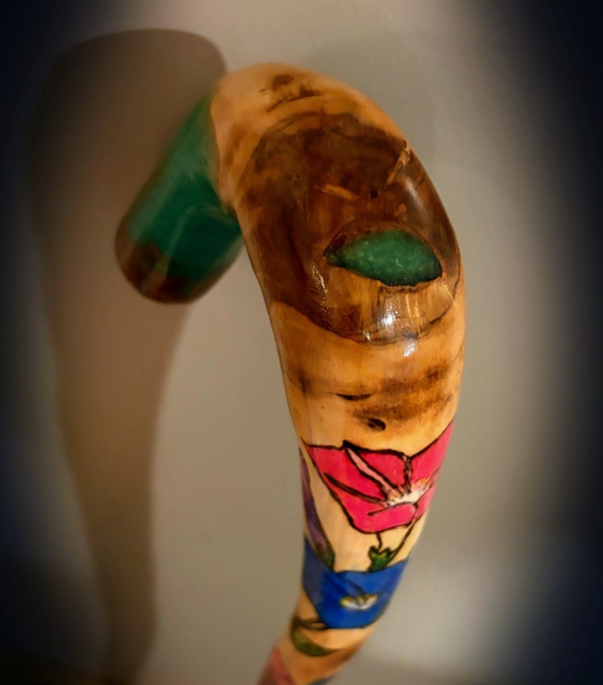41” Walking CANE With Morning Glory Pyrography Handmade & Finished 🇺🇸