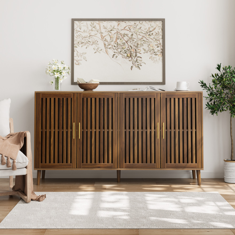 63" Walnut Sideboard Buffet Cabinet w/ 4 Doors, Adjustable Shelves