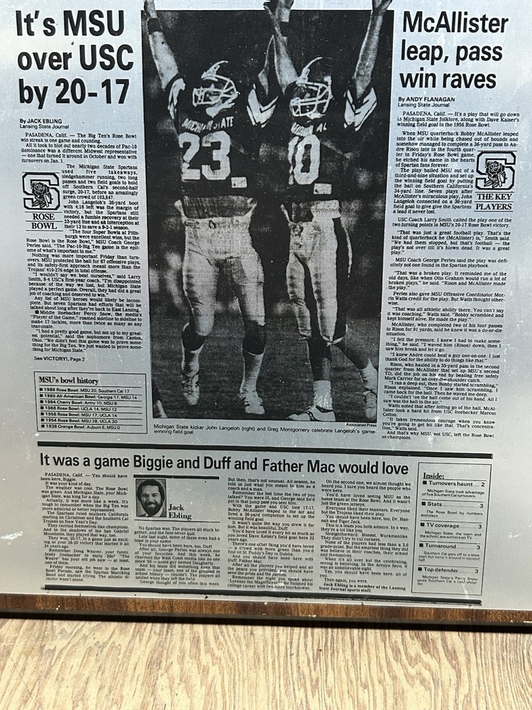 ROSE BOWL MSU vs USC plaque 9" X 12"