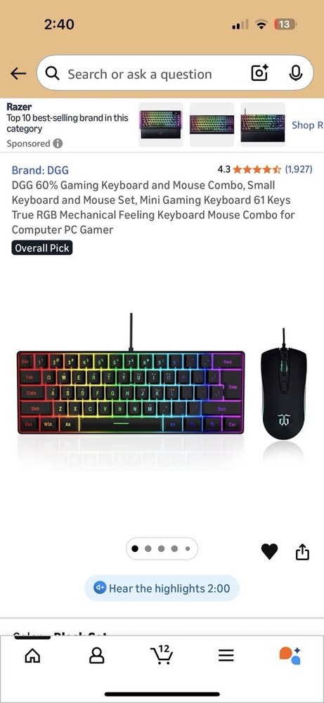 60% Gaming Keyboard & Mouse Combo Set Mini 61 Keys True RGB Mechanical Feeling