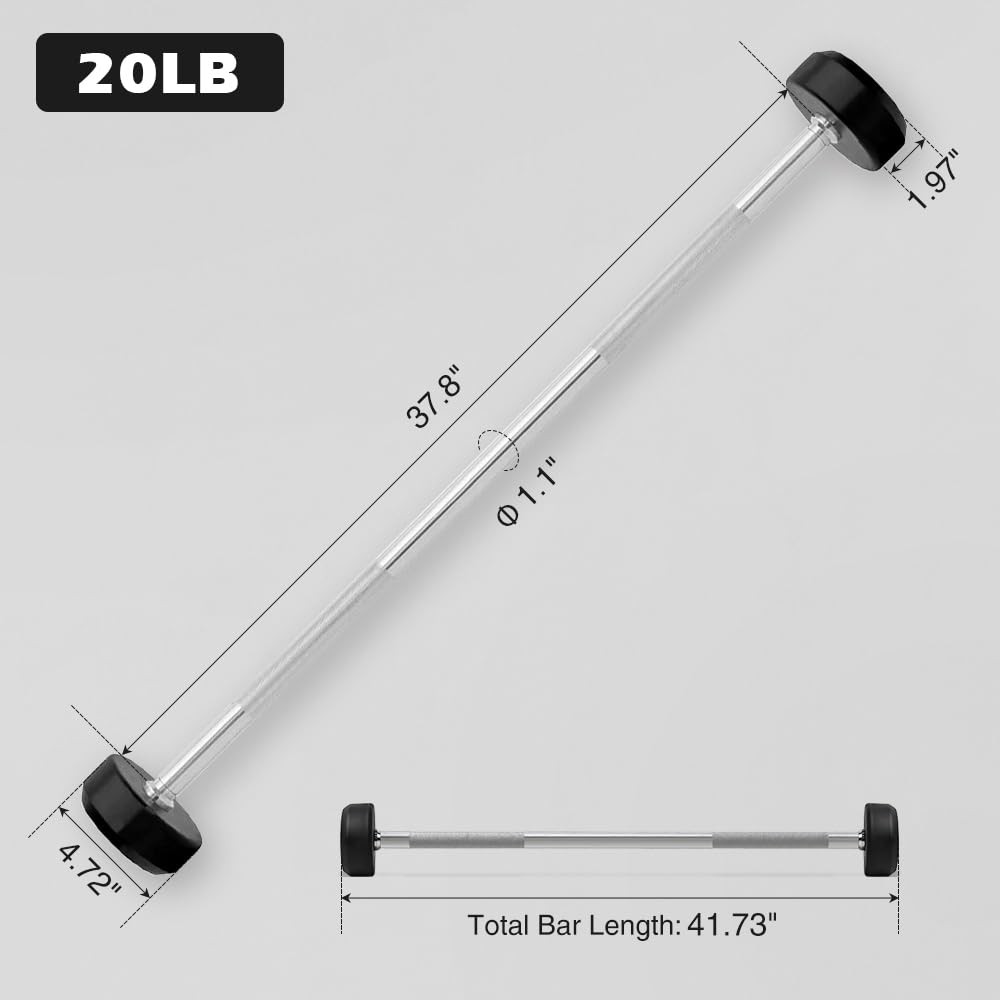 Rubber Coated Fixed Barbell, Pre-Loaded Weights Straight Solid Steel Barbells...