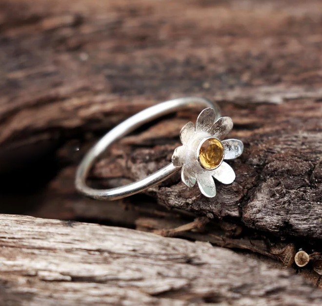 Solid 925 Sterling Silver Flower Yellow Citrine Gemstone Handmade Floral Ring