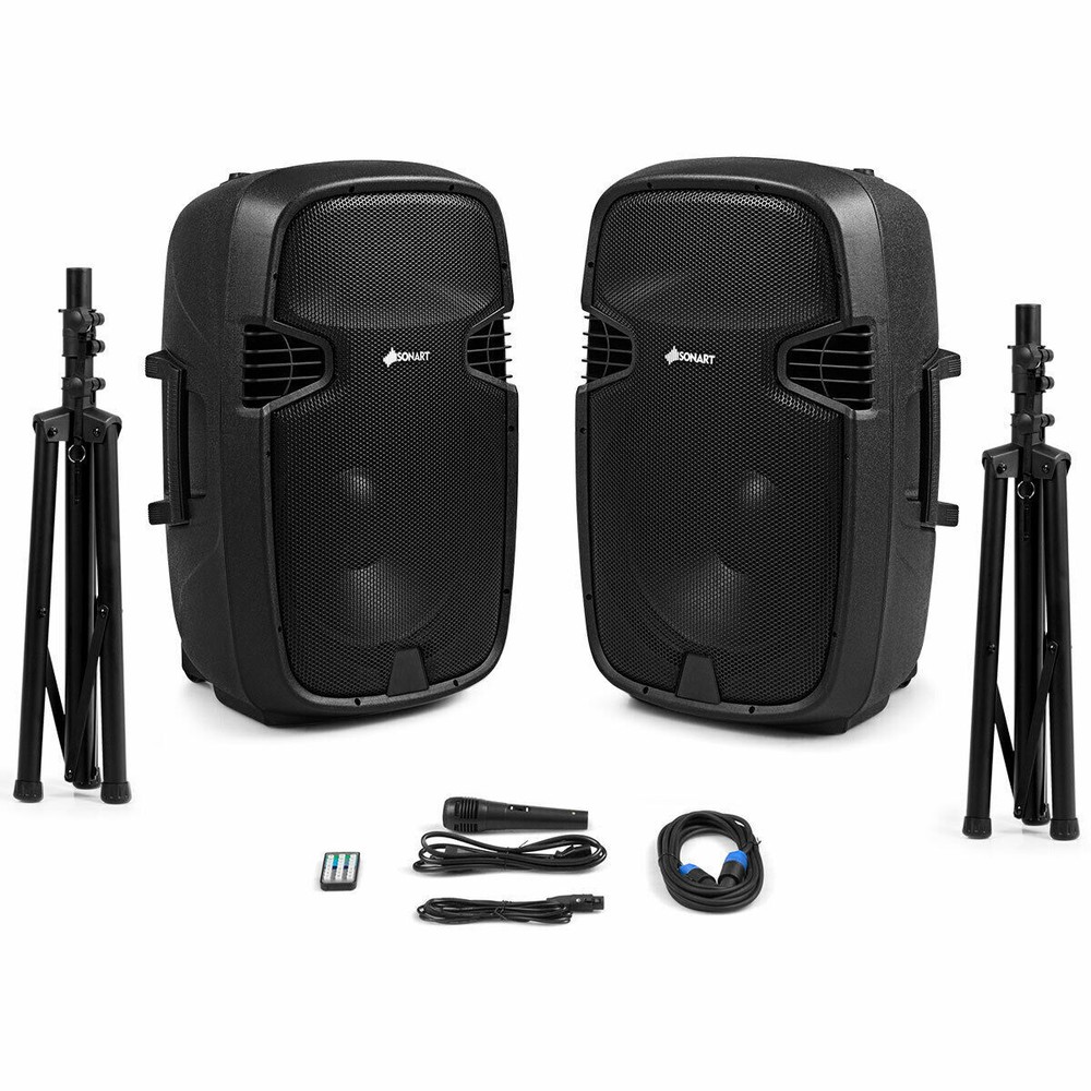 Portable Dual 15" 2-way 2000 W Powered Speakers w/ Controller