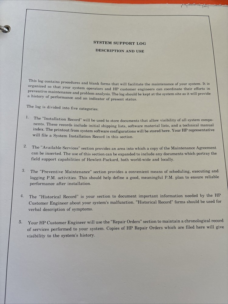 Hp 1000 Support Log Manual Used