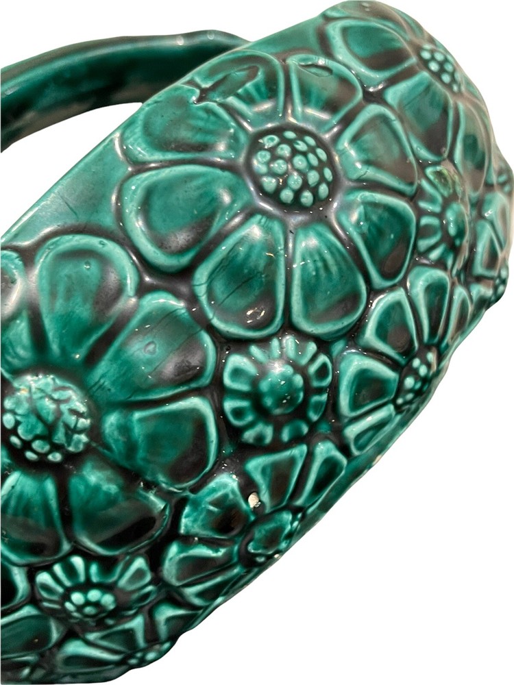 Vintage Signed Handmade Pottery Green Glazed Daisy Pattern Flower Basket Planter