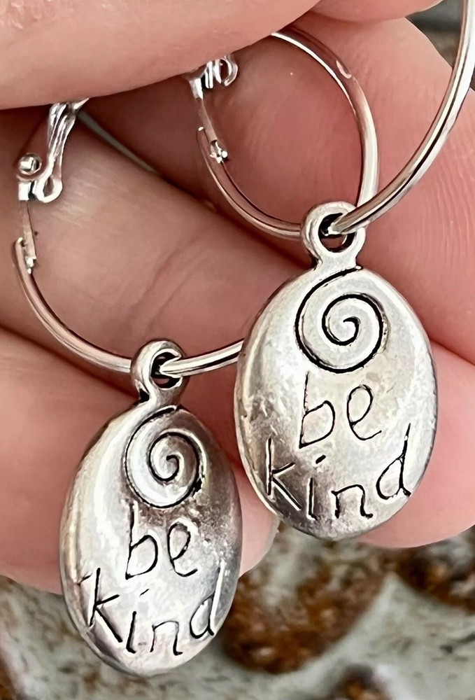 Silver Dangle Hoop Earrings. Be Kind.