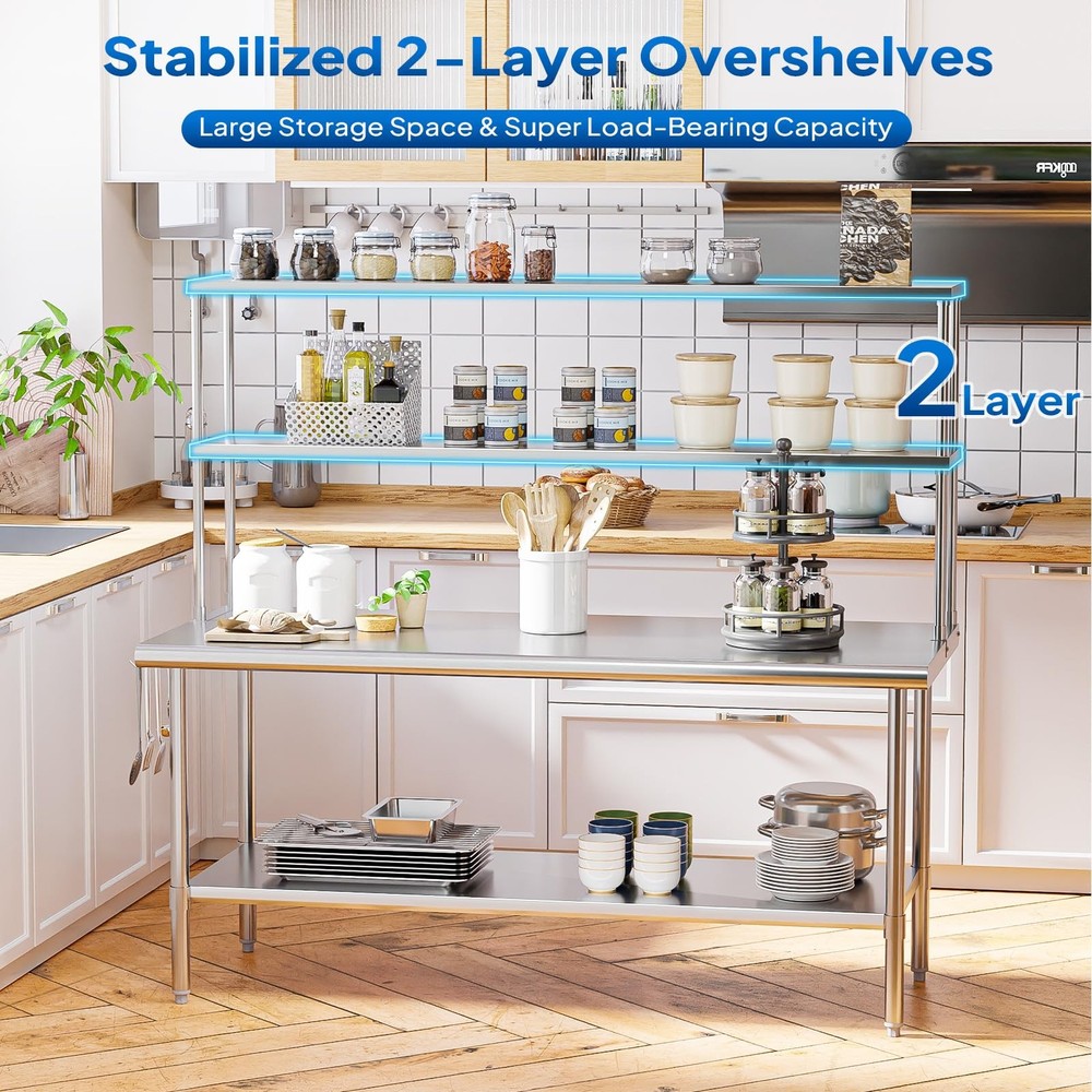 Heavy-Duty Metal Kitchen Prep Table with Removable Shelves & Detachable Hooks