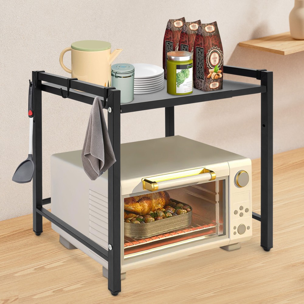 Adjustable Microwave Stand Black Oven Shelf Kitchen Countertop Organizer W/ Hook