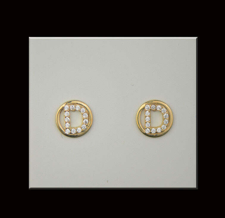 14k Yellow or White Gold Round Initial Letters CZ Stud Earrings