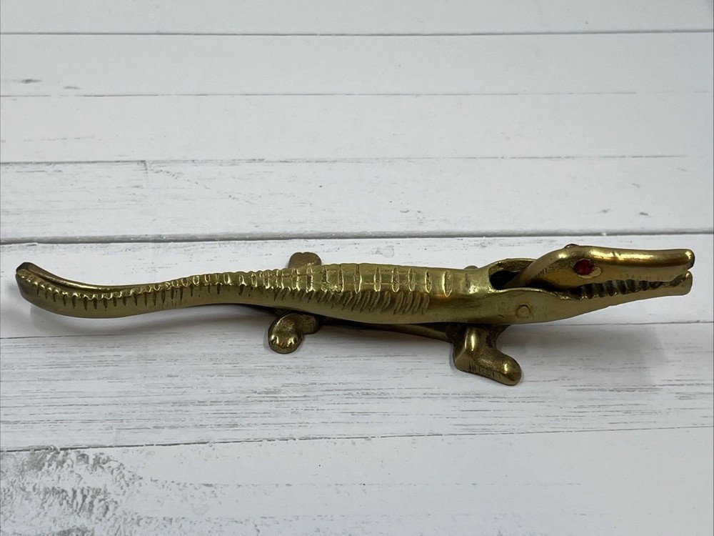 Brass Bronze Alligator Crocodile Reptile Nutcracker Nut Cracker W/ruby Eye 7”